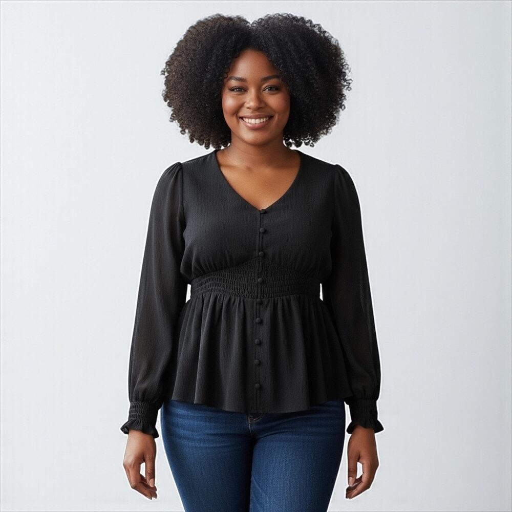 NWT Torrid Smocked Waist Long Sleeve Chiffon Blouse Black